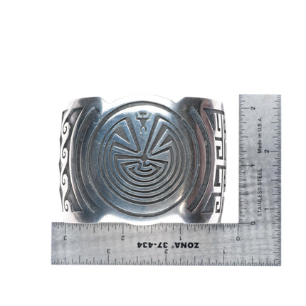 7.4" Mark Tawahongva Hopi overlay sterling silver man in the maze cuff bracelet