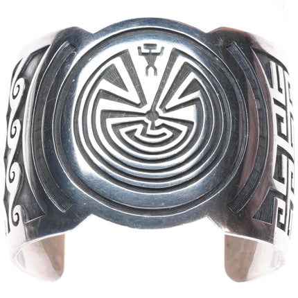 7.4" Mark Tawahongva Hopi overlay sterling silver man in the maze cuff bracelet