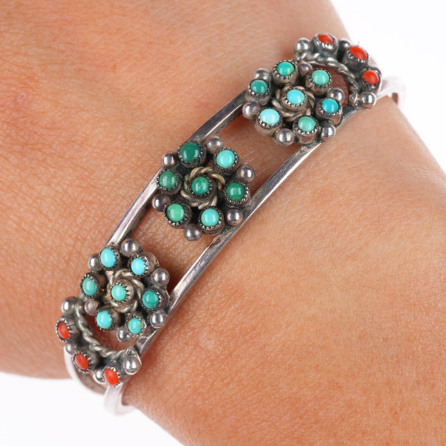 5.9" vintage Zuni sterling silver turquoise and coral snake eye cuff bracelet
