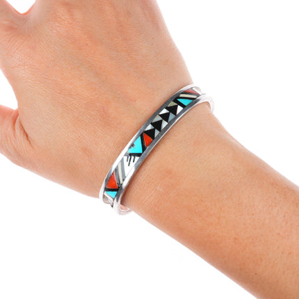 6.5" John and Rosalie Bowannie Zuni sterling silver intarsia inlay cuff bracelet