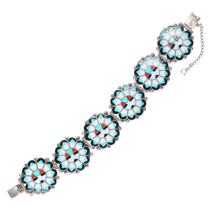 8" vintage Marie Qualo Zuni sterling silver chunky sunface inlay link bracelet