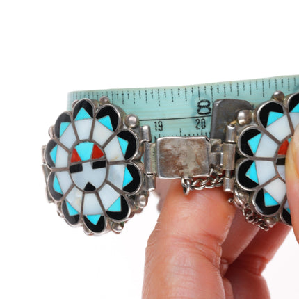 8" vintage Marie Qualo Zuni sterling silver chunky sunface inlay link bracelet