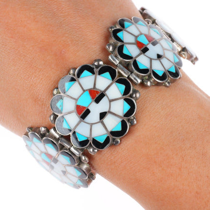 8" vintage Marie Qualo Zuni sterling silver chunky sunface inlay link bracelet