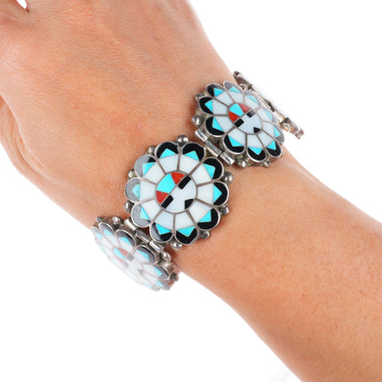 8" vintage Marie Qualo Zuni sterling silver chunky sunface inlay link bracelet