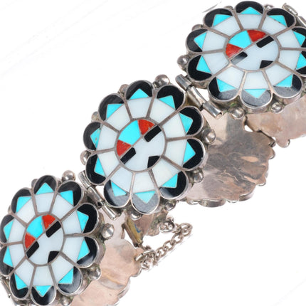 8" vintage Marie Qualo Zuni sterling silver chunky sunface inlay link bracelet
