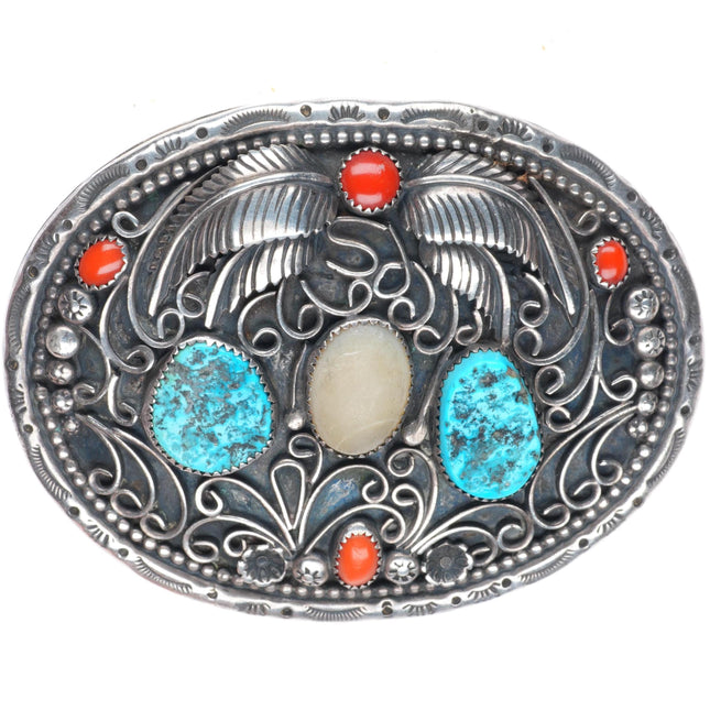 Big vintage Navajo coral, turquoise, shell sterling silver buckle for 1.75" belt