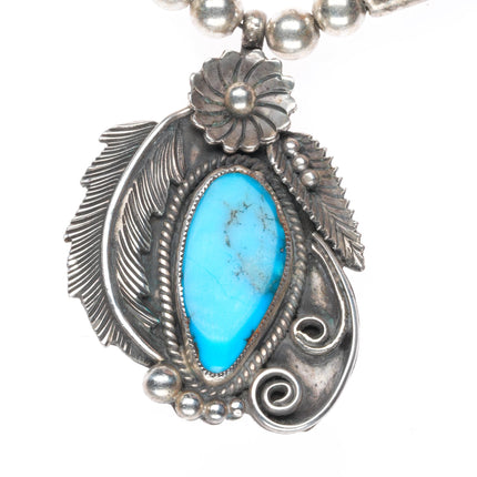 16.5" Vintage Navajo sterling silver turquoise pendant on beaded necklace