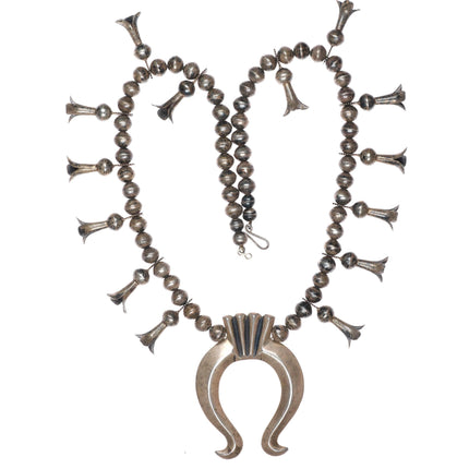 c1920's-30's vintage 26" Navajo ingot silver squash blossom beaded necklace