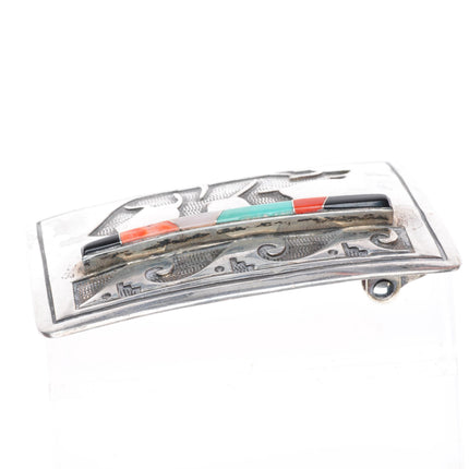 Vintage Navajo Bear multi-stone inlay sterling silver buckle for 1.5" belt