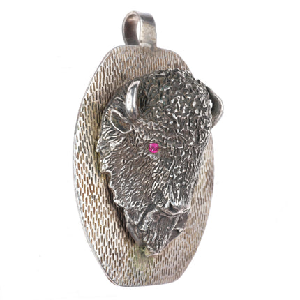 Huge vintage southwestern sterling silver 3D buffalo pendant with ruby eyes