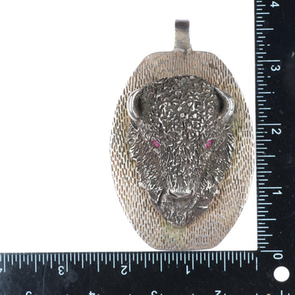 Huge vintage southwestern sterling silver 3D buffalo pendant with ruby eyes