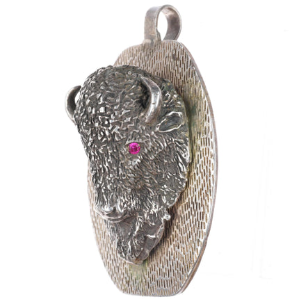 Huge vintage southwestern sterling silver 3D buffalo pendant with ruby eyes