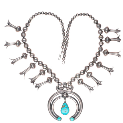 23.5" c1940's Navajo squash blossom necklace turquoise naja sterling silver