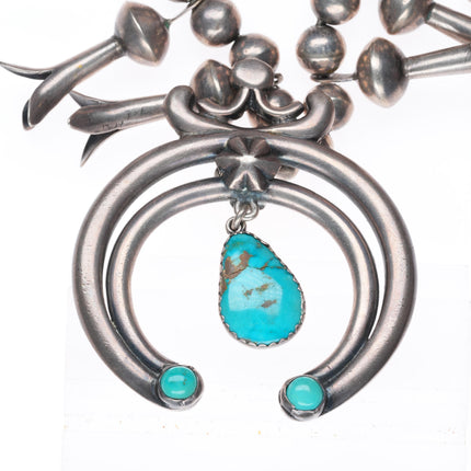 23.5" c1940's Navajo squash blossom necklace turquoise naja sterling silver
