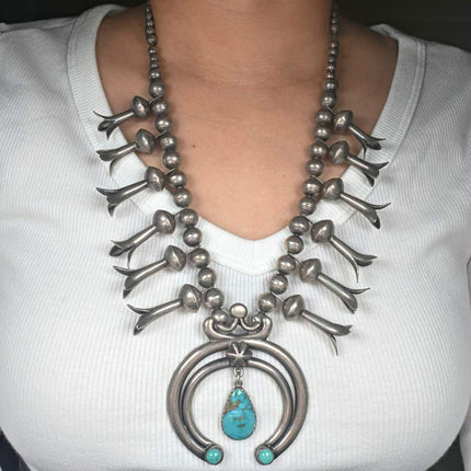 23.5" c1940's Navajo squash blossom necklace turquoise naja sterling silver