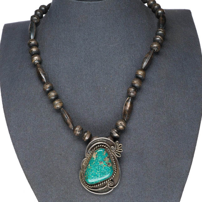 17" Vintage Navajo sterling silver beaded necklace with turquoise pendant