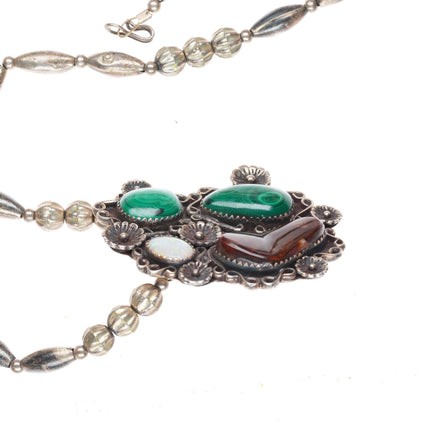 23" Vintage Navajo Opal, Fire Agate, malachite sterling silver beaded necklace