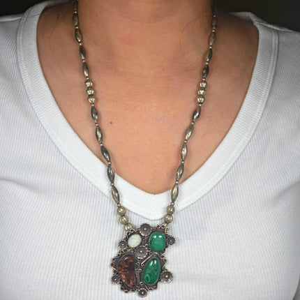 23" Vintage Navajo Opal, Fire Agate, malachite sterling silver beaded necklace