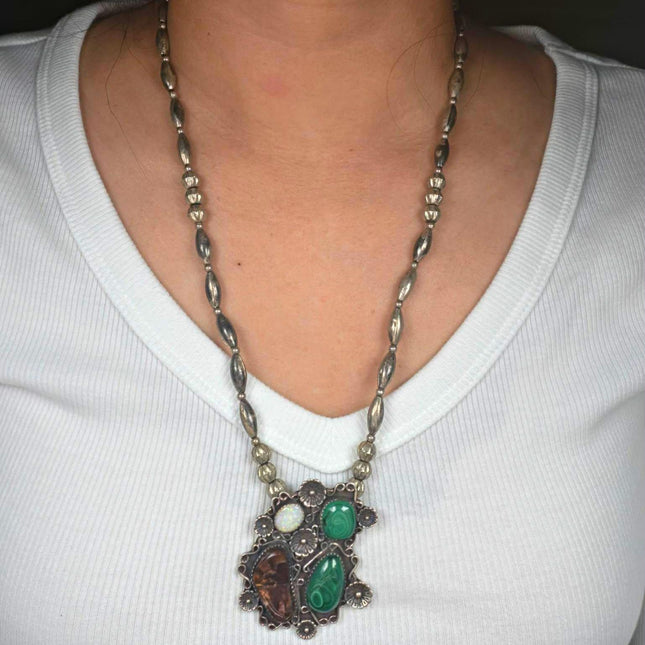 23" Vintage Navajo Opal, Fire Agate, malachite sterling silver beaded necklace