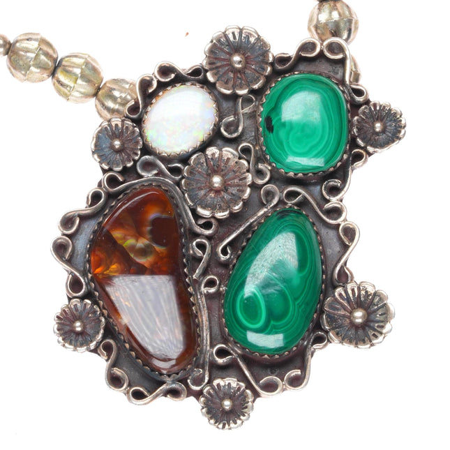 23" Vintage Navajo Opal, Fire Agate, malachite sterling silver beaded necklace