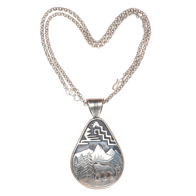 23.5" Fritson Toledo Navajo sterling silver necklace/pendant wolf overlay design