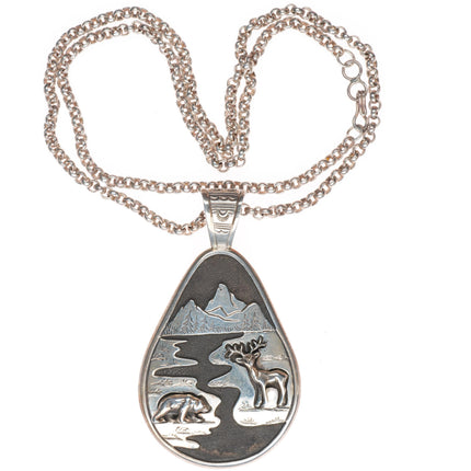 25.5" Fritson Toledo Navajo sterling silver necklace/pendant Deer/Bear overlay
