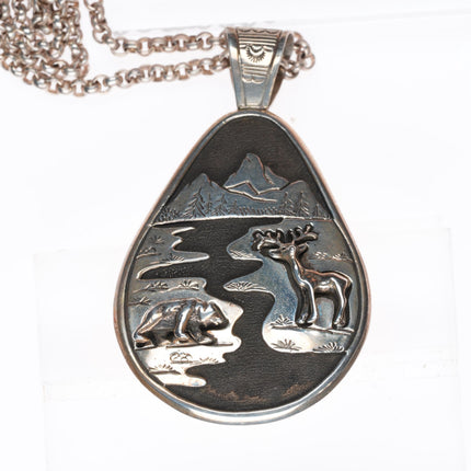 25.5" Fritson Toledo Navajo sterling silver necklace/pendant Deer/Bear overlay