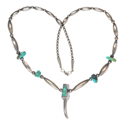 21.5" vintage Navajo sterling silver claw form turquoise inlaid pendant necklace