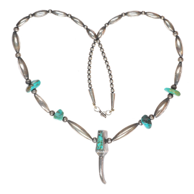 21.5" vintage Navajo sterling silver claw form turquoise inlaid pendant necklace