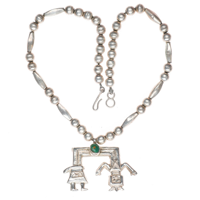 15" Vintage Navajo sterling silver Yei pendant on beaded necklace w/turquoise