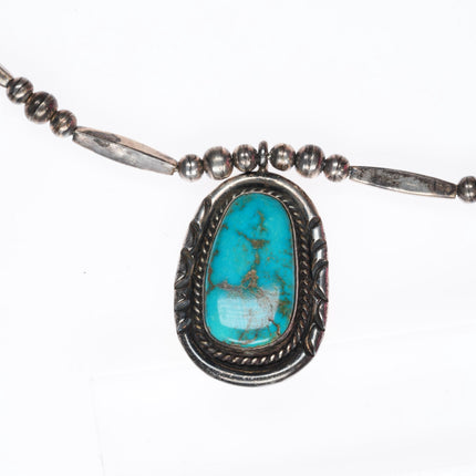 24" vintage Navajo sterling silver pendant with nice turquoise beaded necklace