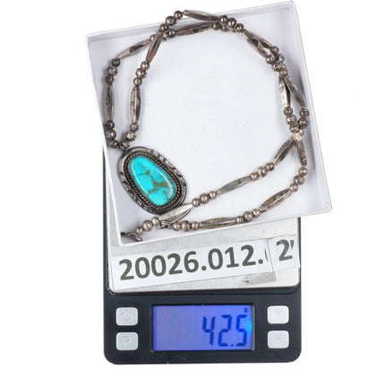 24" vintage Navajo sterling silver pendant with nice turquoise beaded necklace