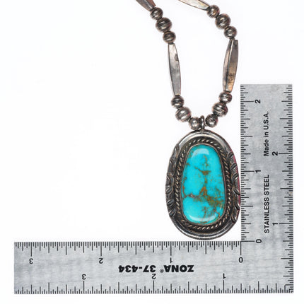 24" vintage Navajo sterling silver pendant with nice turquoise beaded necklace