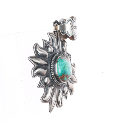 Large Robert Johnson Navajo sterling silver repousse pendant with nice turquoise
