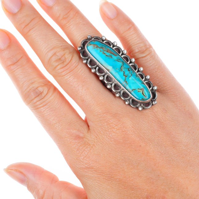 sz7 vintage JP Navajo sterling silver long ring with nice turquoise