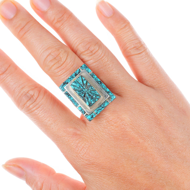 sz8.5 Larry Castillo Navajo sterling silver spiderweb turquoise inlay ring