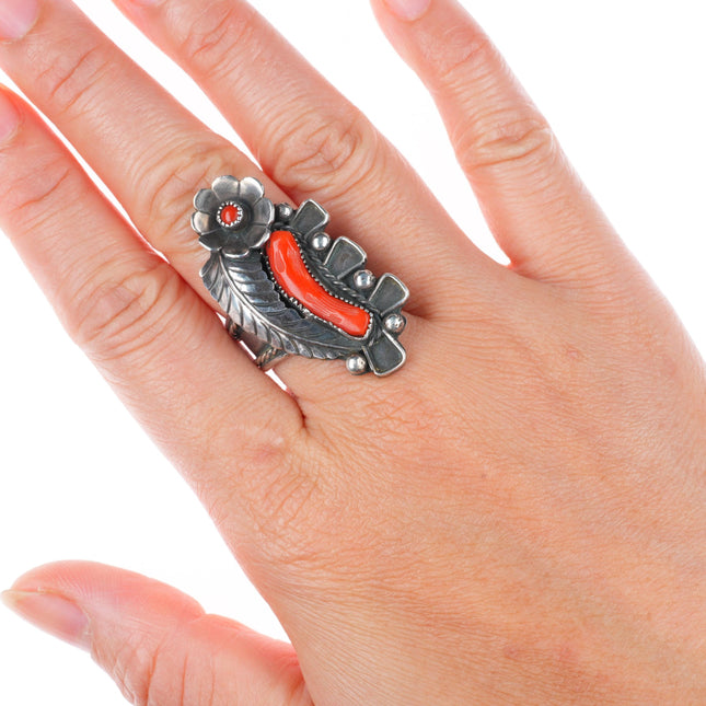 sz7.25 vintage Navajo sterling silver branch coral snake eye long ring