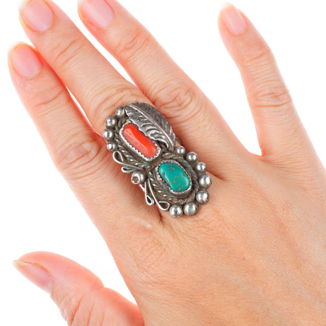 sz7 vintage Navajo sterling silver turquoise and branch coral long ring