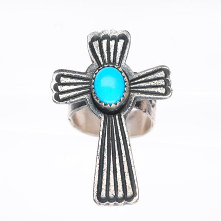 sz7-adjustable Kevin Billah Navajo sterling silver cross ring with turquoise