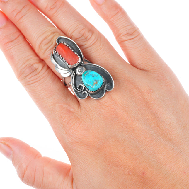 sz6.5 vintage Navajo sterling silver turquoise and coral long ring