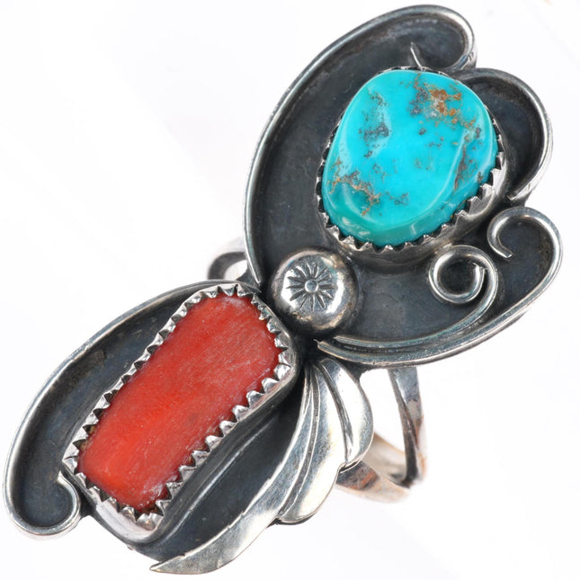 sz6.5 vintage Navajo sterling silver turquoise and coral long ring