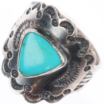 sz7 c1930's Navajo deep stamped sterling silver ring with turquoise