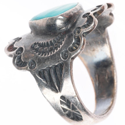 sz7 c1930's Navajo deep stamped sterling silver ring with turquoise