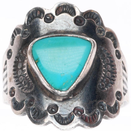 sz7 c1930's Navajo deep stamped sterling silver ring with turquoise