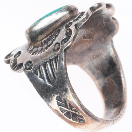 sz7 c1930's Navajo deep stamped sterling silver ring with turquoise