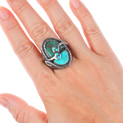 sz11.25 large vintage Effie Calavaza Zuni sterling silver turquoise snakes ring