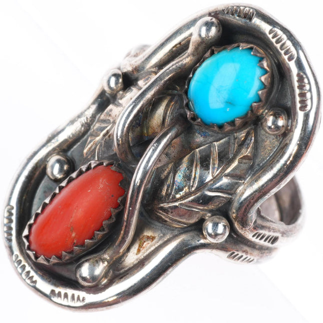 sz9 vintage BS Navajo sterling silver turquoise and coral size 9 ring