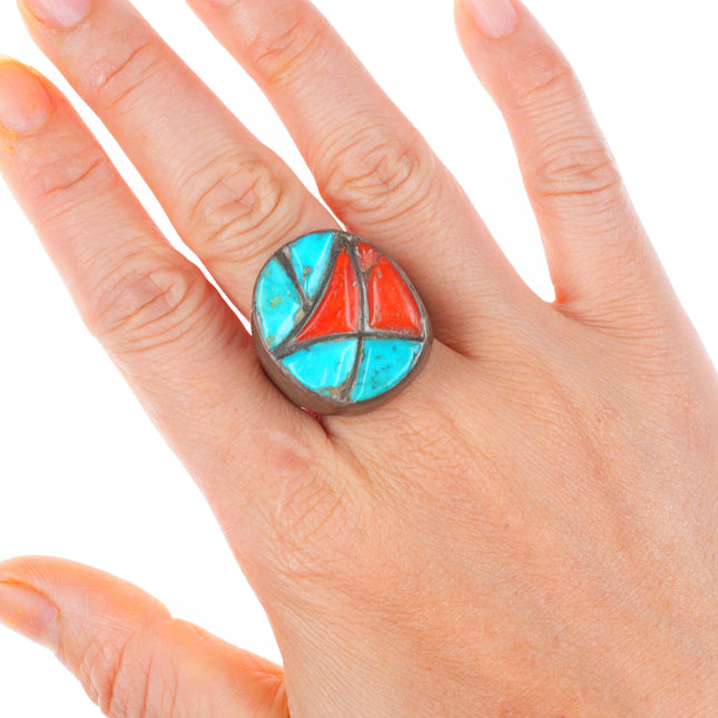sz9.5 vintage Zuni sterling silver turquoise and coral cobblestone inlay ring