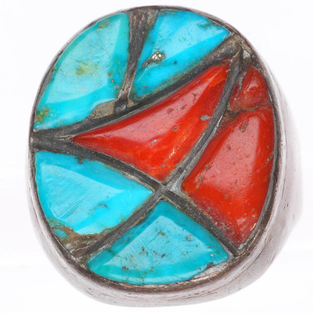 sz9.5 vintage Zuni sterling silver turquoise and coral cobblestone inlay ring