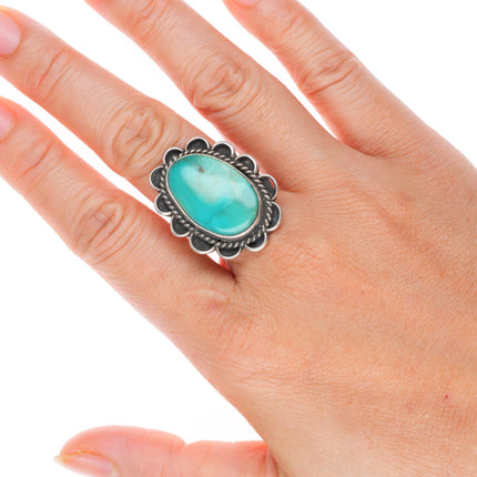 sz8.25 vintage Navajo sterling silver rope bezel ring with nice turquoise